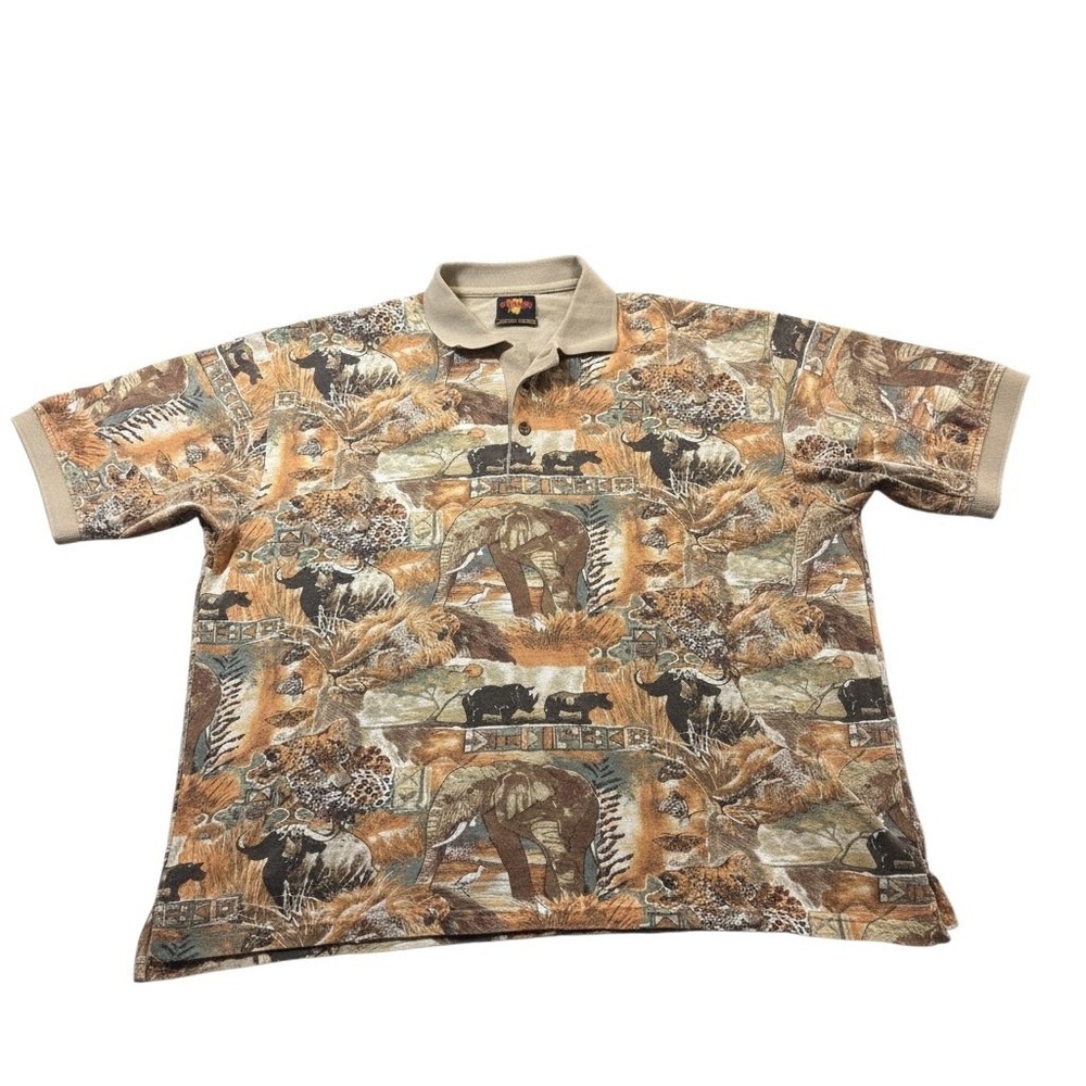 Vtg 90s Safari AOP Polo Shirt Mens XXL Made South Africa African Wildlife